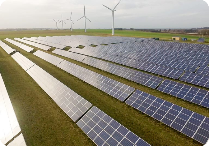 Westmill solar park with five turbines in the background
